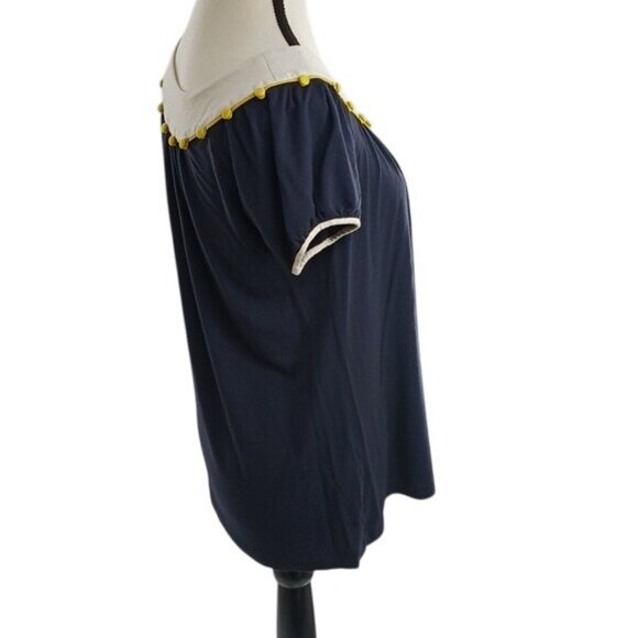 BCBGMaxAzria Blouse Blue Smocked Button Detail Short Sleeve Mid Century Size S - Picture 4 of 8